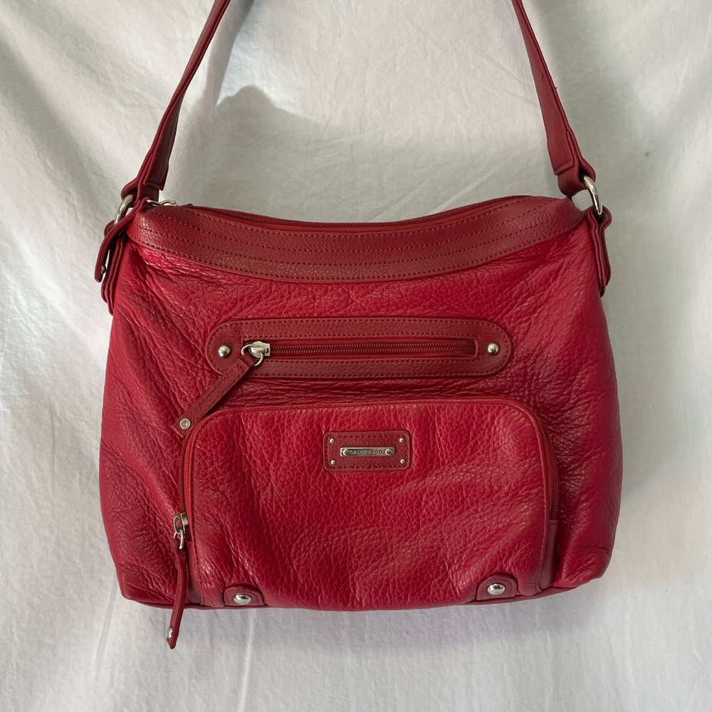 Stone & Co. Red Pebbled Leather Shoulder Bag with 6 Zip Pockets, So Soft & Clean